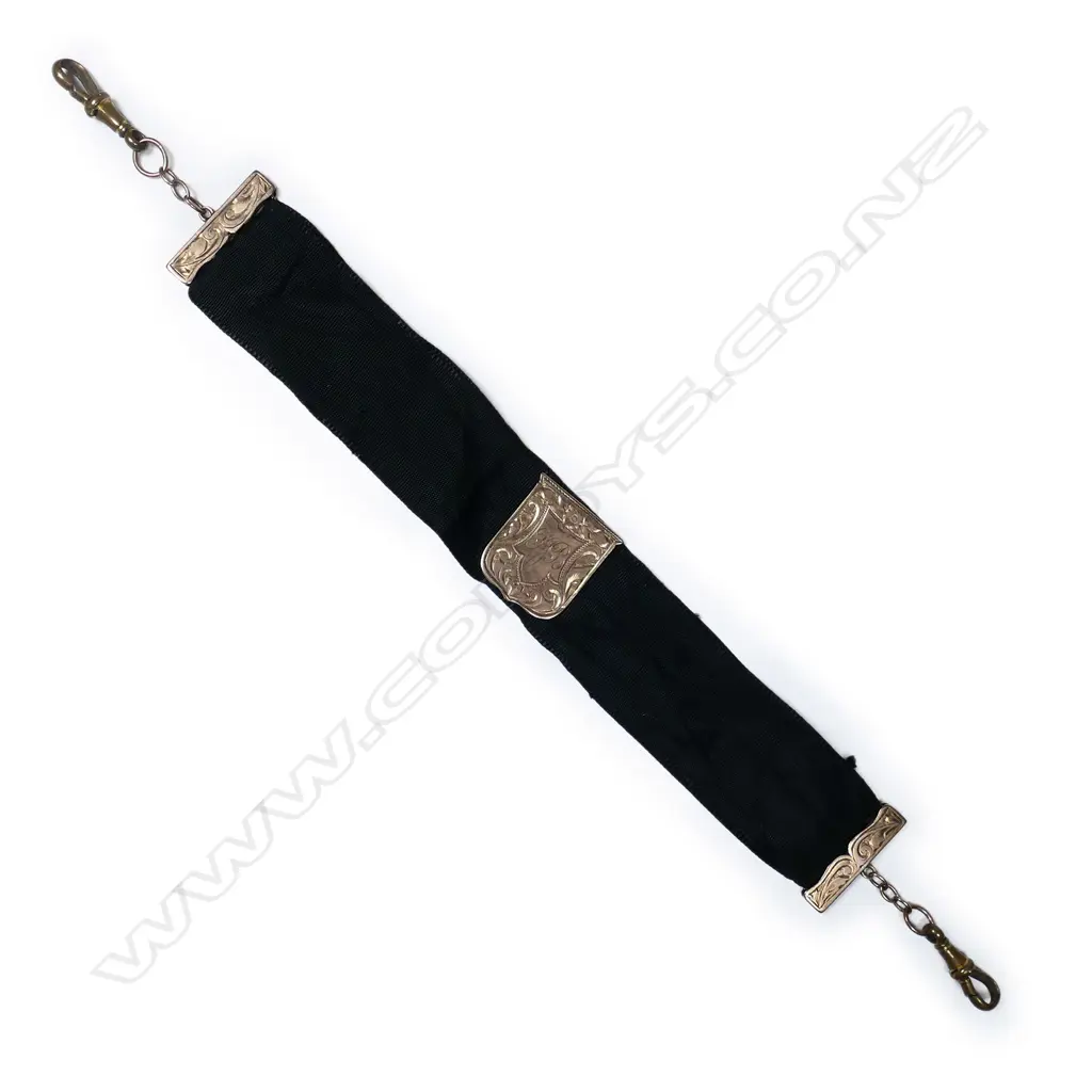 A 9ct rose gold mounted black silk Albertina, Image 1++